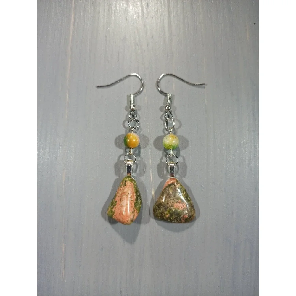 Unakite Tumbled Stone Dangle Earrings Nickel Free Pink Green Boho Handmade